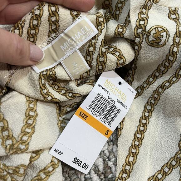 Michael Kors Blouse Tunic sz Small Tan Gold Chains Stretch Modest Career Wedding - Picture 9 of 9